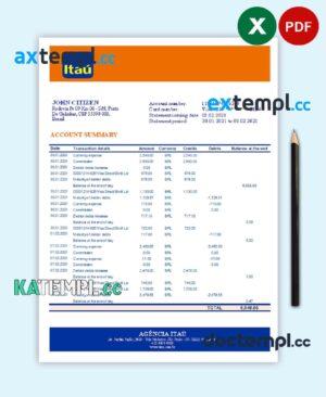 sample Brazil Itau bank statement template in Excel and PDF format, fully editable download