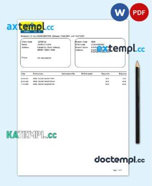 sample India UCO bank statement template in Word and PDF format download