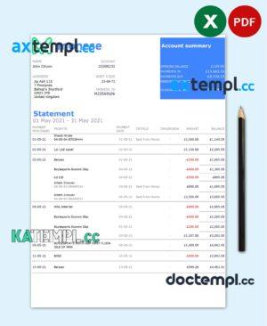 sample United Kingdom Monese bank statement template in Excel and PDF format, 2 pages download