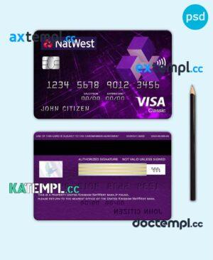 sample United Kingdom NatWest bank visa classic card, fully editable template in PSD format download