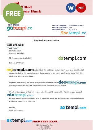free download # red true bank universal multipurpose bank account reference letter example in Word and PDF format