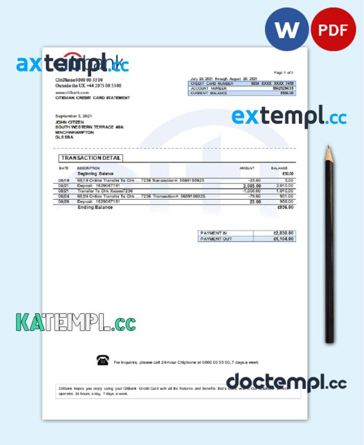 sample United Kingdom Citibank bank statement template in .doc and .pdf format download