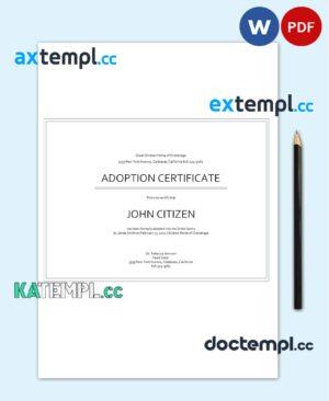 sample USA Adoption certificate template in Word and PDF format download