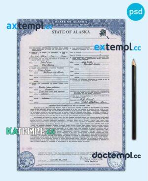 sample USA Alaska state birth certificate template in PSD format, fully editable download