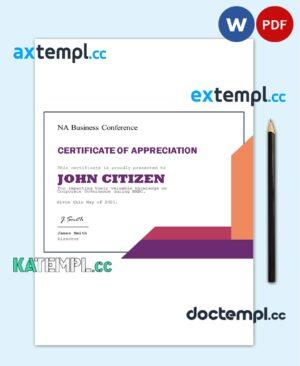 sample USA Appreciation Certificate template in Word and PDF format, fully editable download