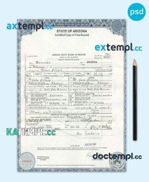 sample USA Arizona state birth certificate template in PSD format, fully editable download