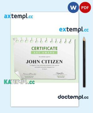 sample USA Art Award certificate template in Word and PDF format download