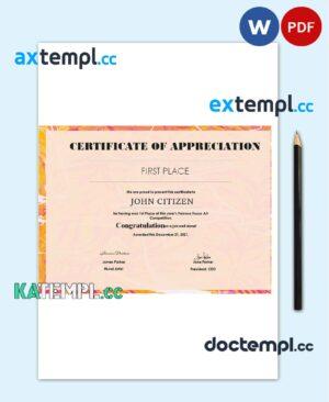 sample USA Art certificate template in Word and PDF format download