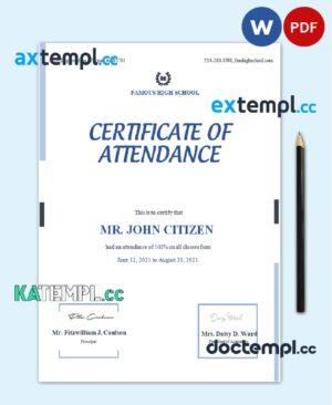 sample USA Attendance certificate template in Word and PDF format download