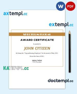 sample USA Award certificate template in Word and PDF format download
