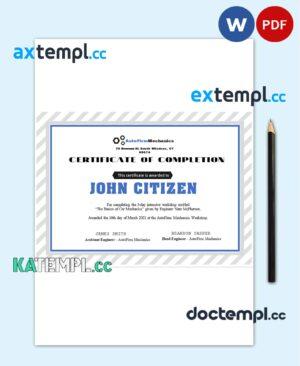sample USA Car Workshop Experience certificate template in Word and PDF format download
