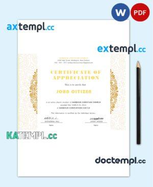 sample USA Church Certificate of Appreciation template in Word and PDF format download
