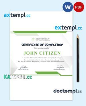 sample USA Completion certificate template in Word and PDF format, version 2 download