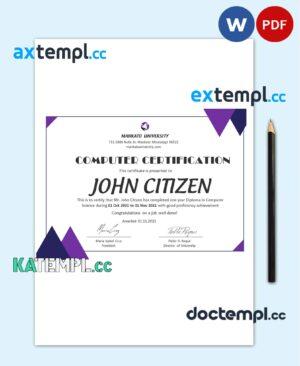 sample USA Computer Diploma certificate template in Word and PDF format download