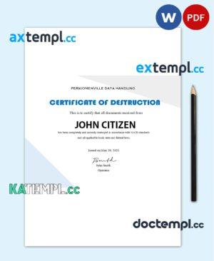 sample USA Destruction certificate template in Word and PDF format, fully editable download