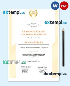 sample USA Driving certificate template in Word and PDF format download