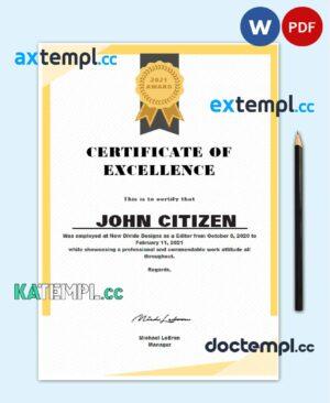 sample USA Excellence certificate template in Word and PDF format download