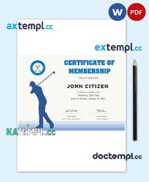 sample USA Golf Club Membership certificate template in Word and PDF format download
