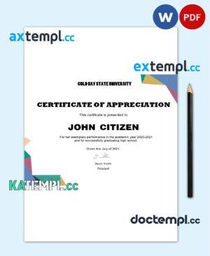 sample USA Graduation Appreciation certificate template in Word and PDF format download