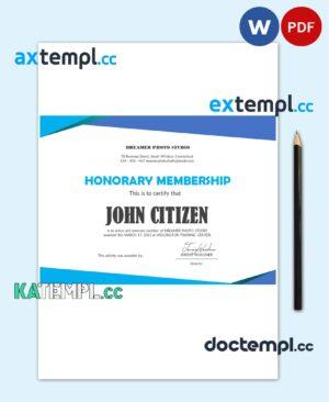 sample USA Honorary Membership certificate template in Word and PDF format download