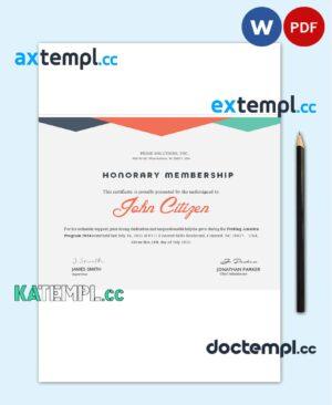 sample USA Honorary certificate template in Word and PDF format, fully editable download