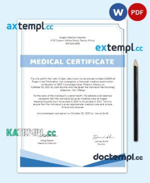 sample USA Hospital Medical certificate template in Word and PDF format download