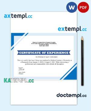 sample USA Job Experience certificate template in Word and PDF format, version 2 download