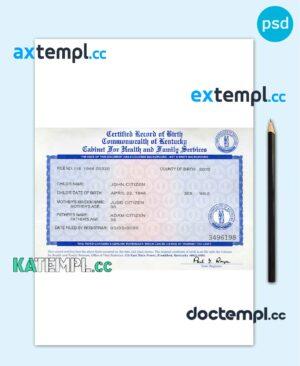 sample USA Kentucky state birth certificate template in PSD format, fully editable download