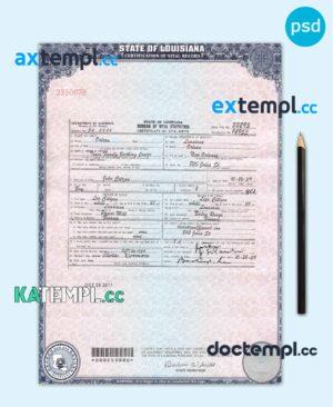 sample USA Louisiana state birth certificate template in PSD format, fully editable download