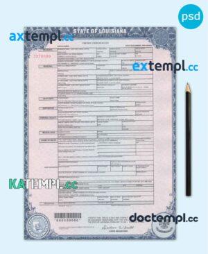 sample USA Louisiana state death certificate template in PSD format, fully editable download