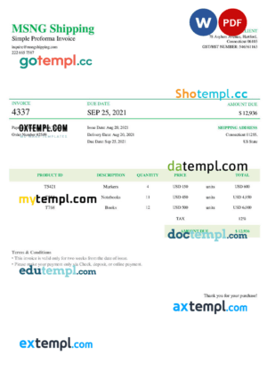 sample USA MSNG Shipping invoice template in Word and PDF format, fully editable download