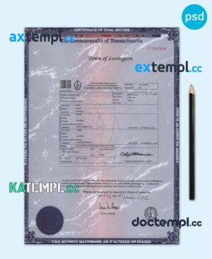 sample USA Massachusetts state birth certificate template in PSD format, fully editable download