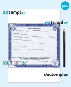 sample USA Missouri state birth certificate template in PSD format, fully editable download