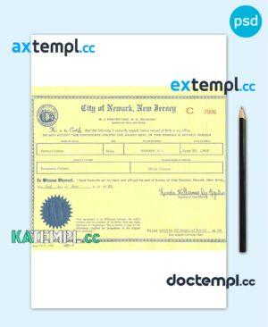 sample USA New Jersey state birth certificate template in PSD format, fully editable download