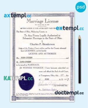 sample USA Ohio state marriage certificate template in PSD format download