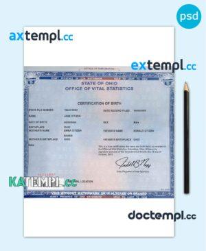 sample USA Ohio state birth certificate template in PSD format, fully editable download
