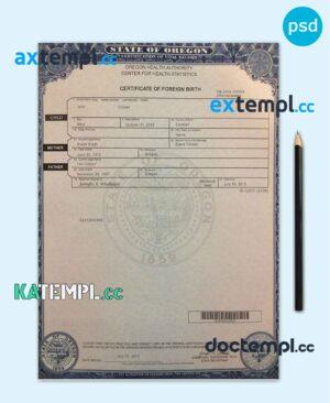 sample USA Oregon state birth certificate template in PSD format, fully editable download