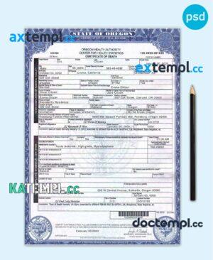 sample USA Oregon state death certificate template in PSD format download