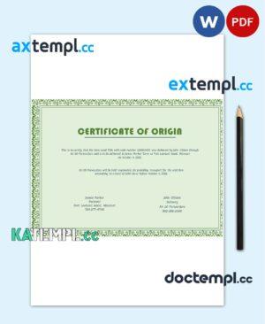 sample USA Origin certificate template in Word and PDF format download