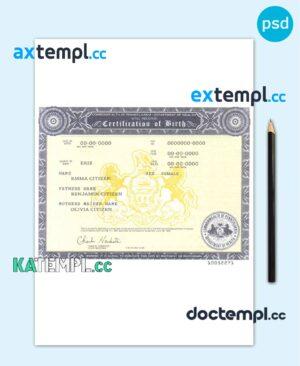 sample USA Pennsylvania state birth certificate template in PSD format, fully editable download