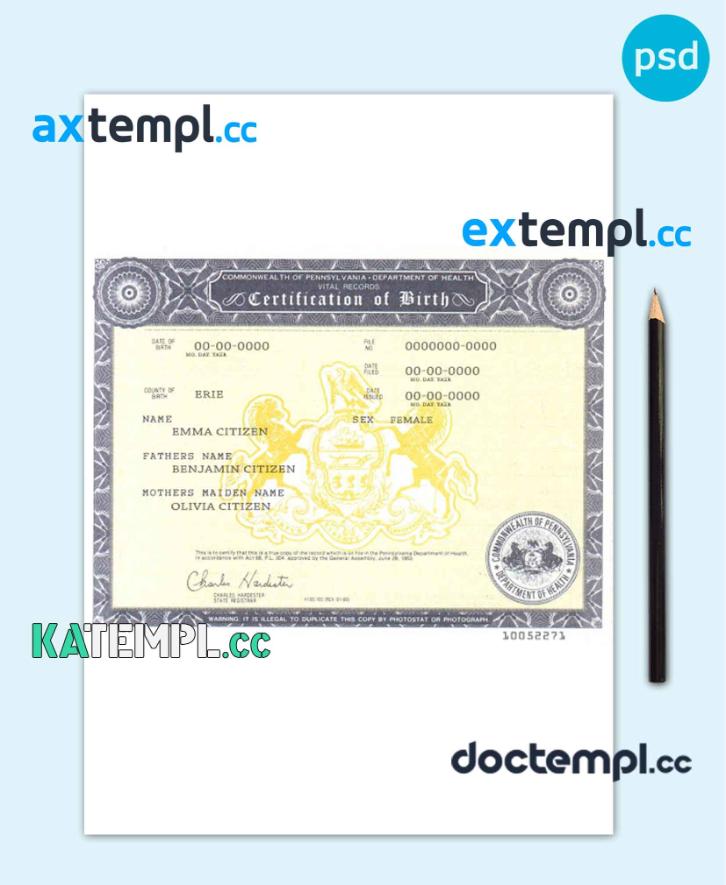 sample USA Pennsylvania state birth certificate template in PSD format, fully editable download