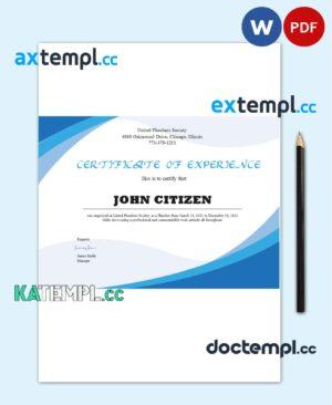 sample USA Plumbing Experience certificate template in Word and PDF format download