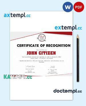 sample USA Recognition certificate template in Word and PDF format, version 2 download