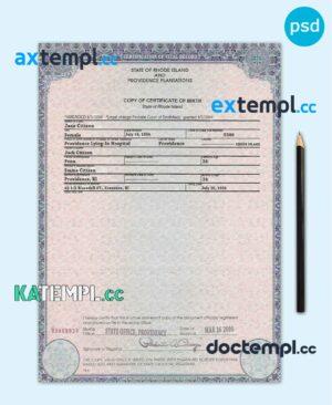 sample USA Rhode Island state birth certificate template in PSD format, fully editable download