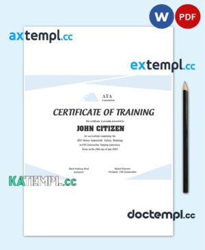 sample USA Safety Training certificate template in Word and PDF format download