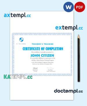 sample USA Teacher's Training Completion certificate template in Word and PDF format download