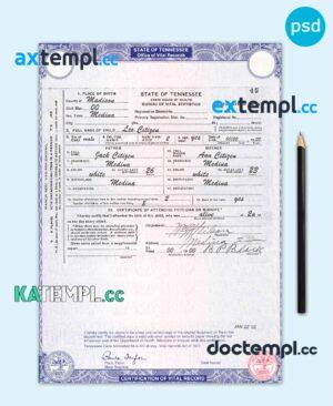 sample USA Tennesse state birth certificate template in PSD format, fully editable download
