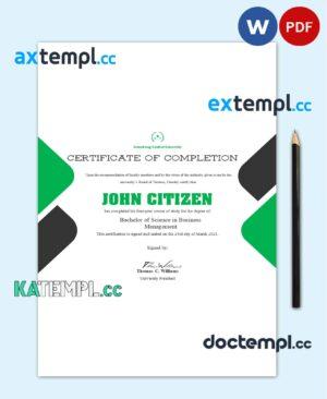 sample USA University Completion certificate template in Word and PDF format download
