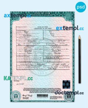 sample USA Utah state birth certificate template in PSD format, fully editable download