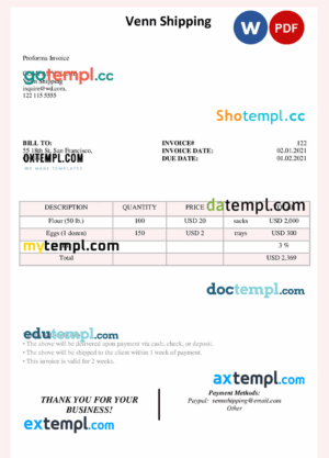 sample USA Venn Shipping invoice template in Word and PDF format, fully editable download